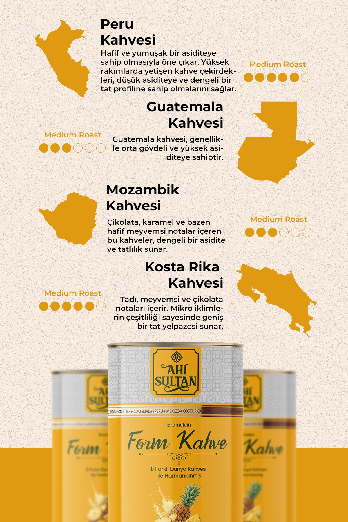 Ahi Sultan Form Kahvesi 8 Farkli Kahve ve Bromelain Icerikli brings together a special blend of eight different coffee varieties for a rich, layered coffee experience.