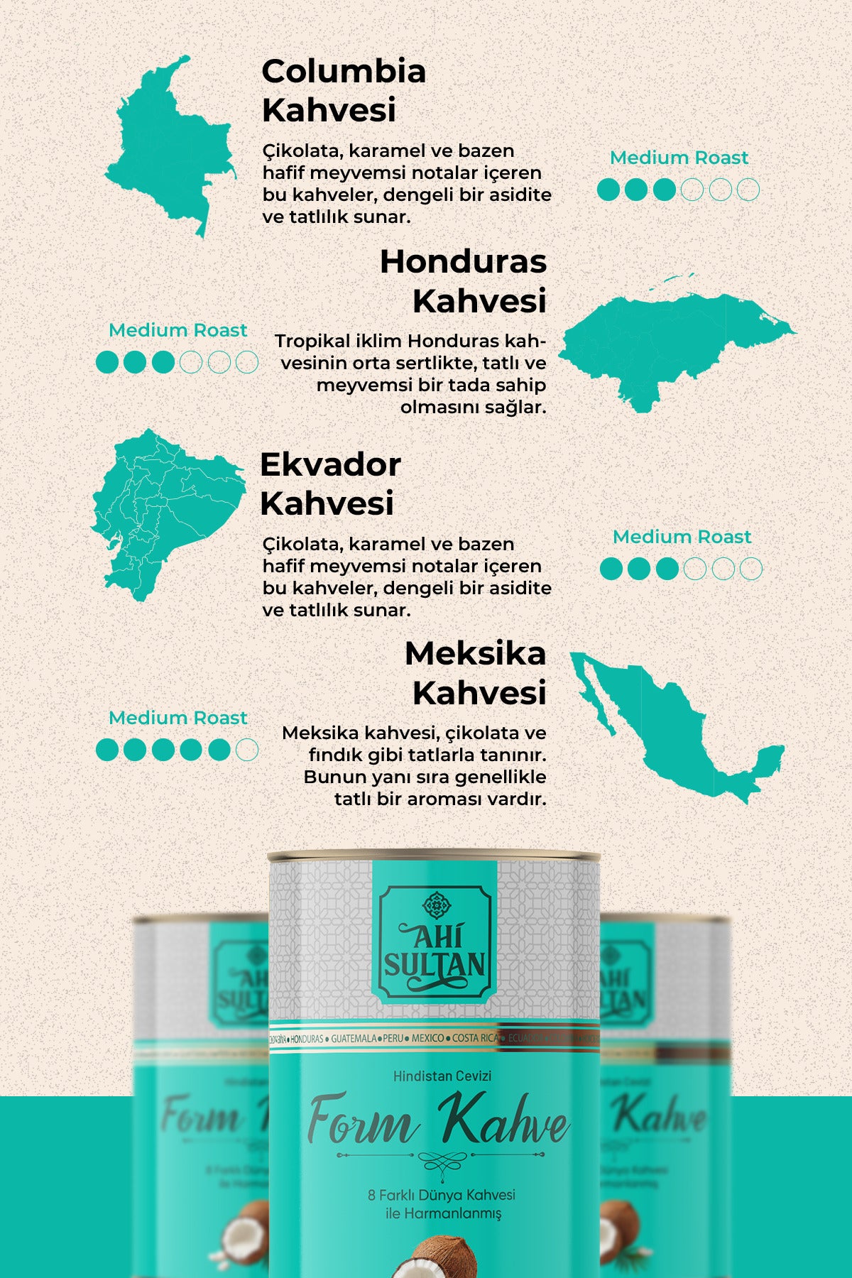 Ahi Sultan Form Coffee with 8 Coffee Blends and Coconut brings together a special formula enriched with eight different coffee varieties for a layered and satisfying cup every time.