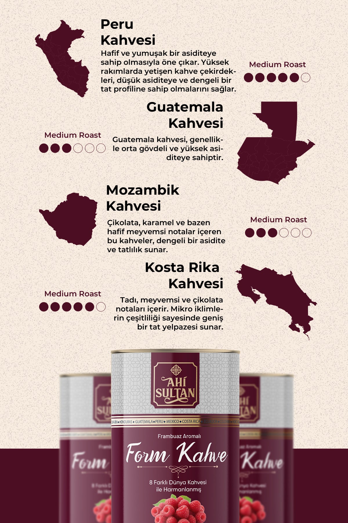 Ahi Sultan Form Coffee with Raspberry brings together a special blend of 8 different coffee varieties for a rich and layered taste experience.