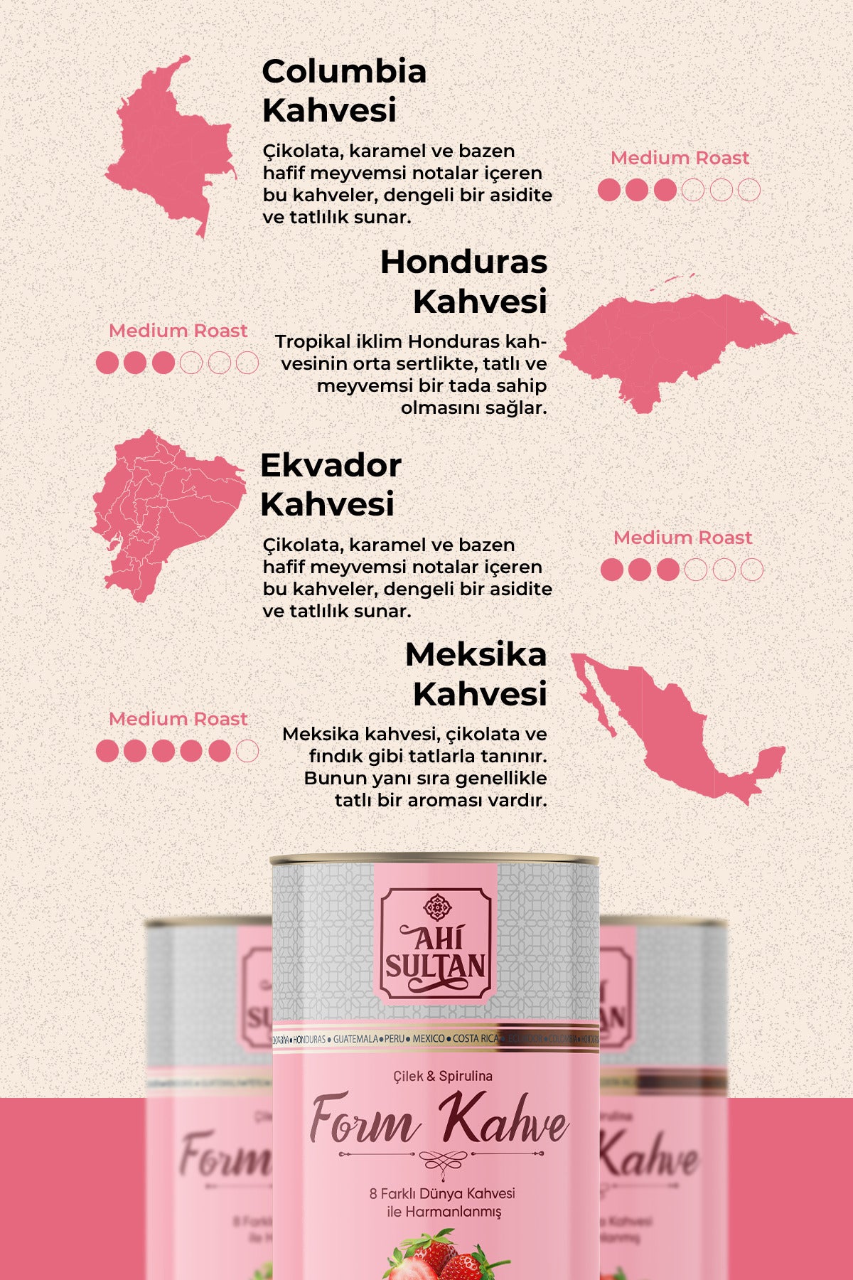Ahi Sultan Form Coffee with 8 Strawberry Varieties and Spirulina offers a flavorful twist on your daily coffee routine.