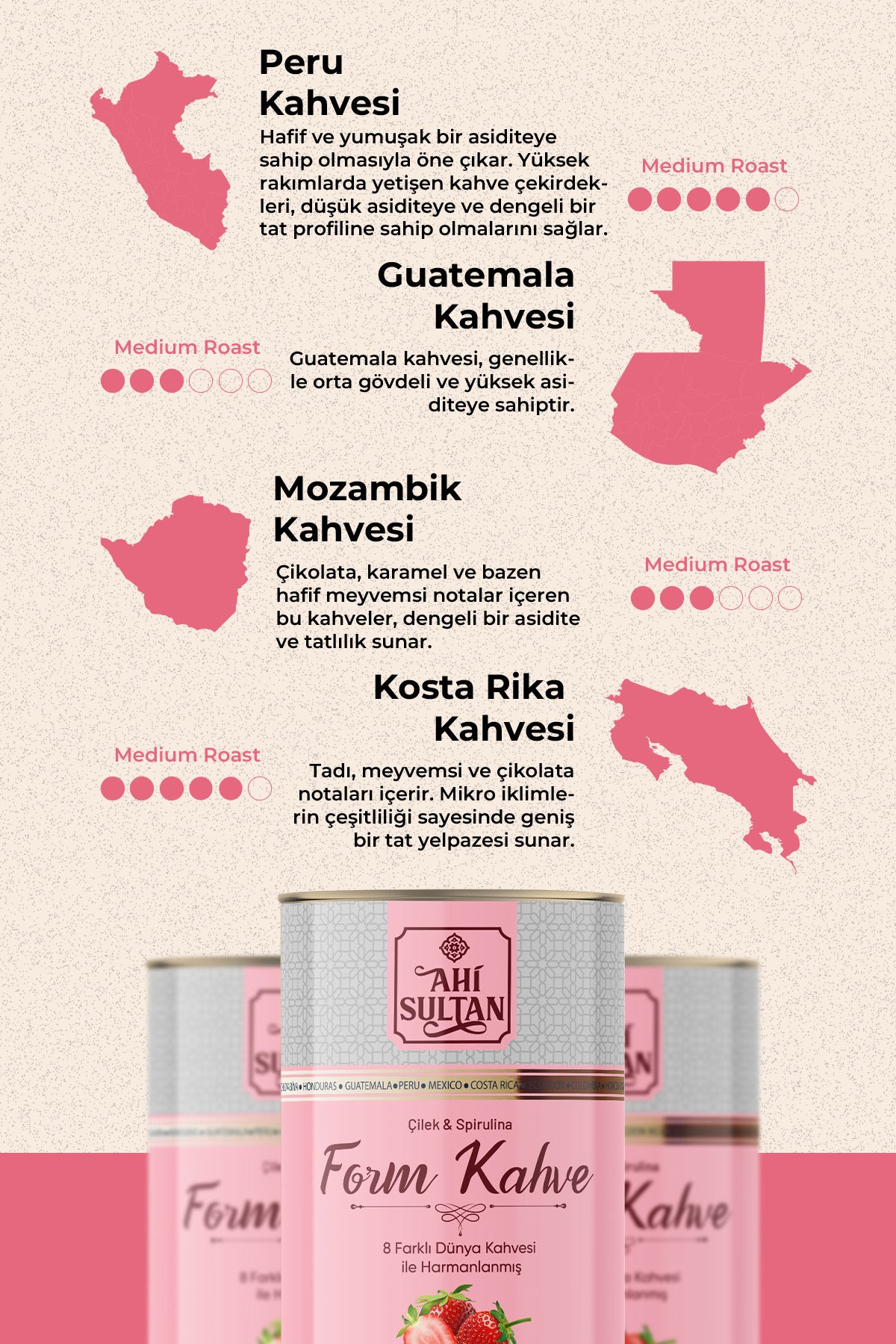 Ahi Sultan Form Coffee with 8 Strawberry Varieties and Spirulina offers a flavorful twist on your daily coffee routine.