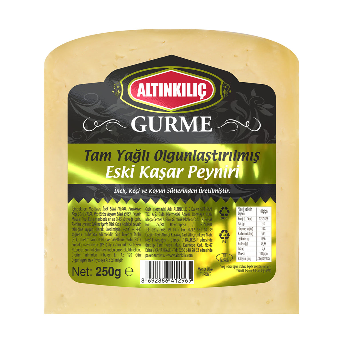 Bring a classic Turkish breakfast table favorite to your kitchen with Altınkılıç Gurme Eski Kaşar, a rich, firm aged Kaşar-style cheese made from a balanced blend of cow’s, goat’s, and sheep’s milk.