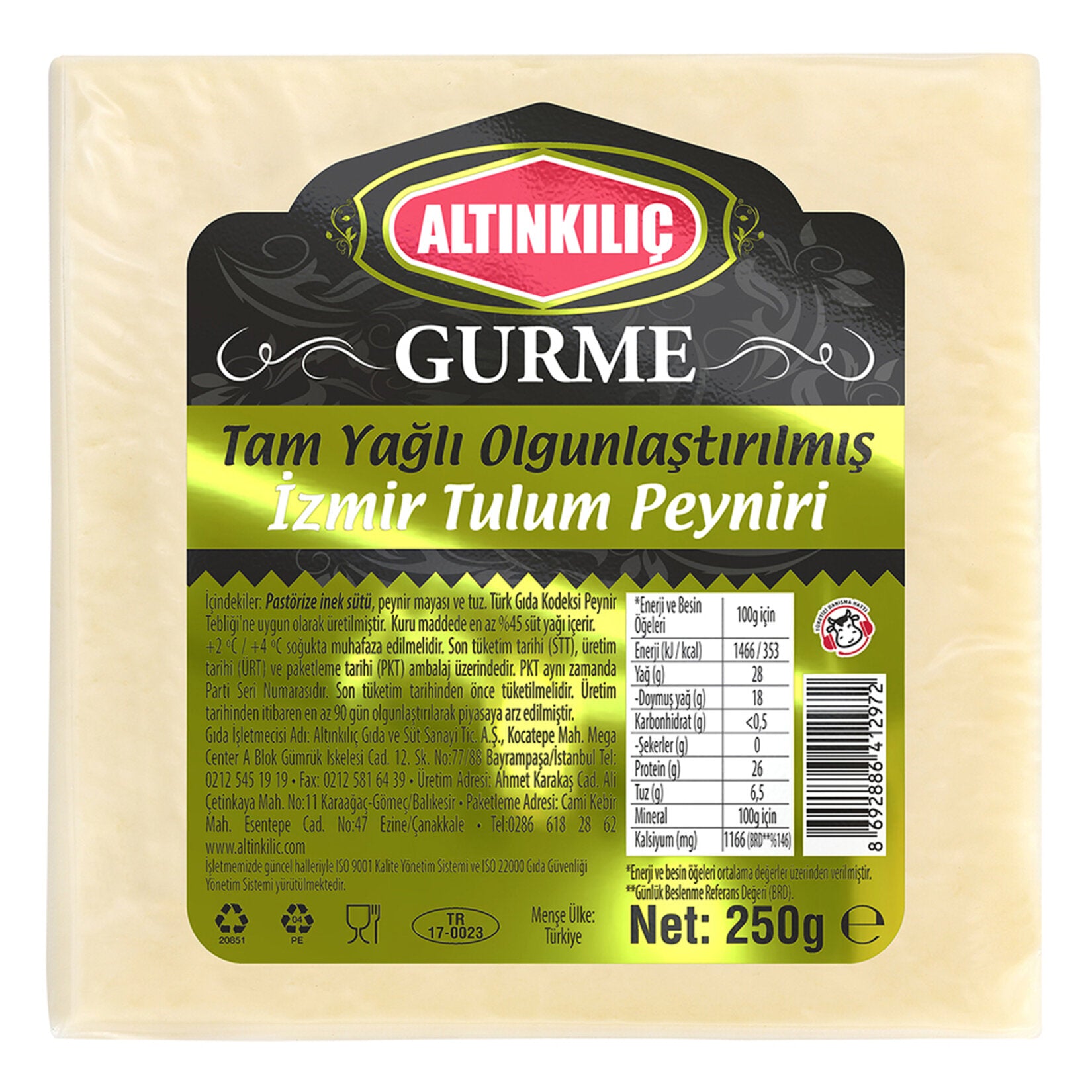 Altınkılıç Gurme Tulum Peyniri is a rich and crumbly Turkish white cheese made from pasteurized cow’s milk.