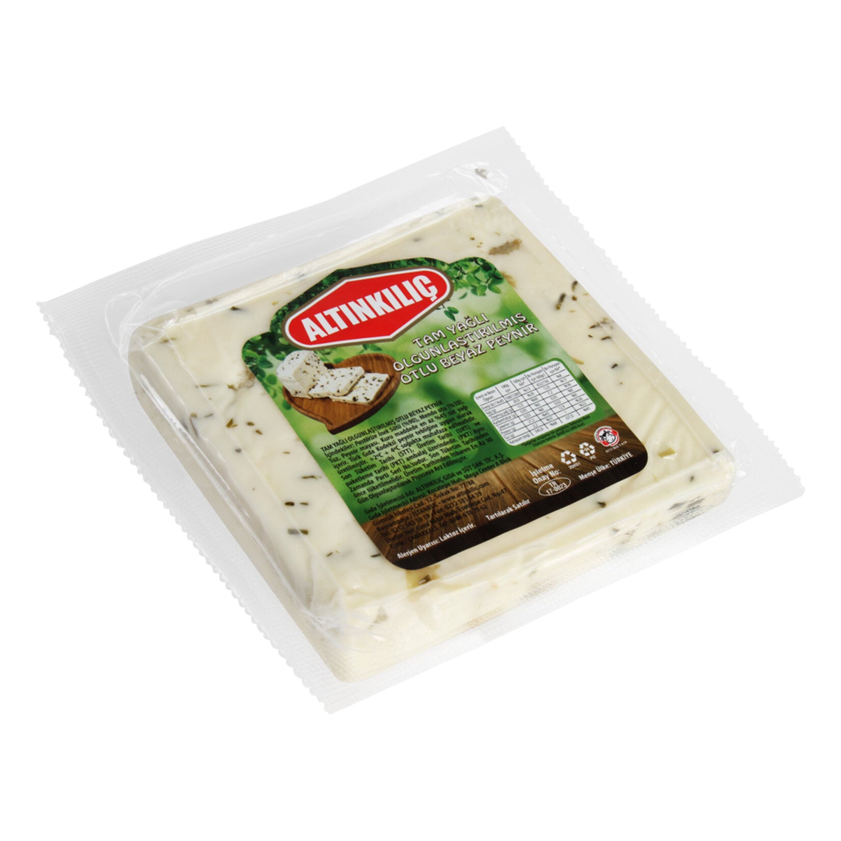 Altınkılıç Tam Yağlı Otlu Beyaz Peynir is a traditional Turkish white cheese blended with aromatic Mendo herb, offering a fresh, slightly tangy flavor with a fragrant herbal finish.