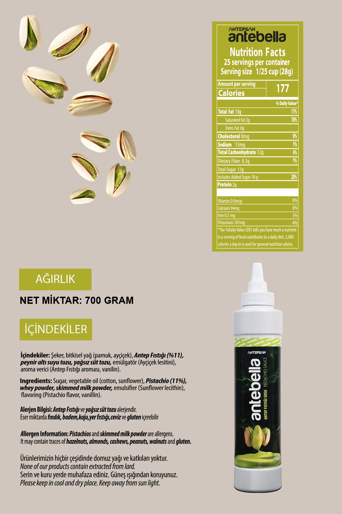 Bring the rich taste of Antep pistachios to your desserts with Antebella Antep Fistikli Sauce.