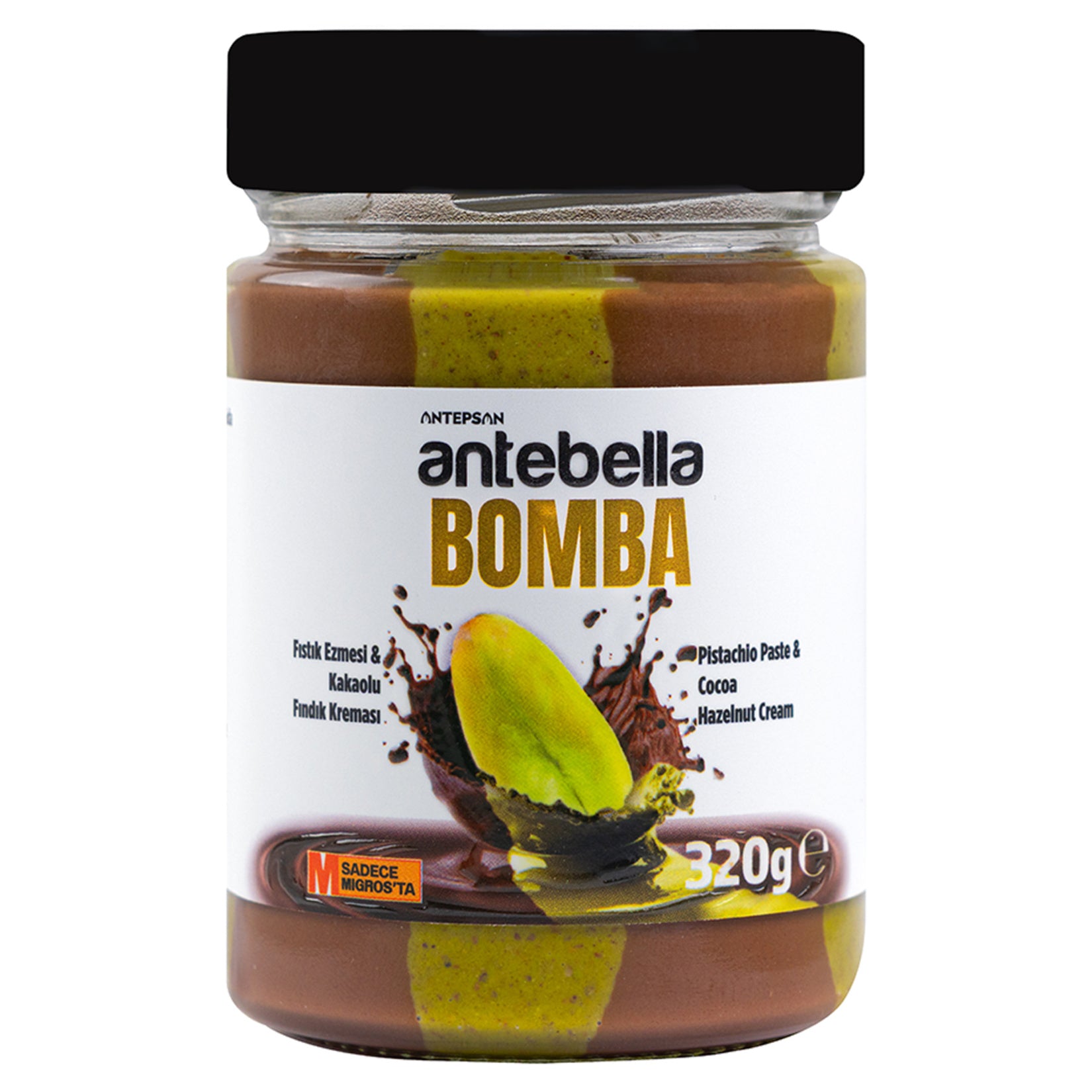 Discover the rich taste of Antebella Bomba Pistachio Spread & Cocoa Hazelnut Cream, a deliciously smooth blend made with 31.5% Antep pistachios, 19.2% hazelnuts, and real cocoa.