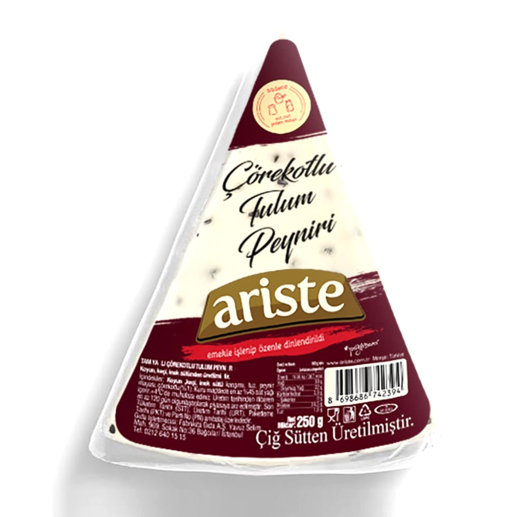 Ariste Full Fat Aged Çörekotlu Tulum Cheese is a rich and flavorful traditional cheese crafted in Türkiye from a blend of sheep, goat, and cow’s milk.