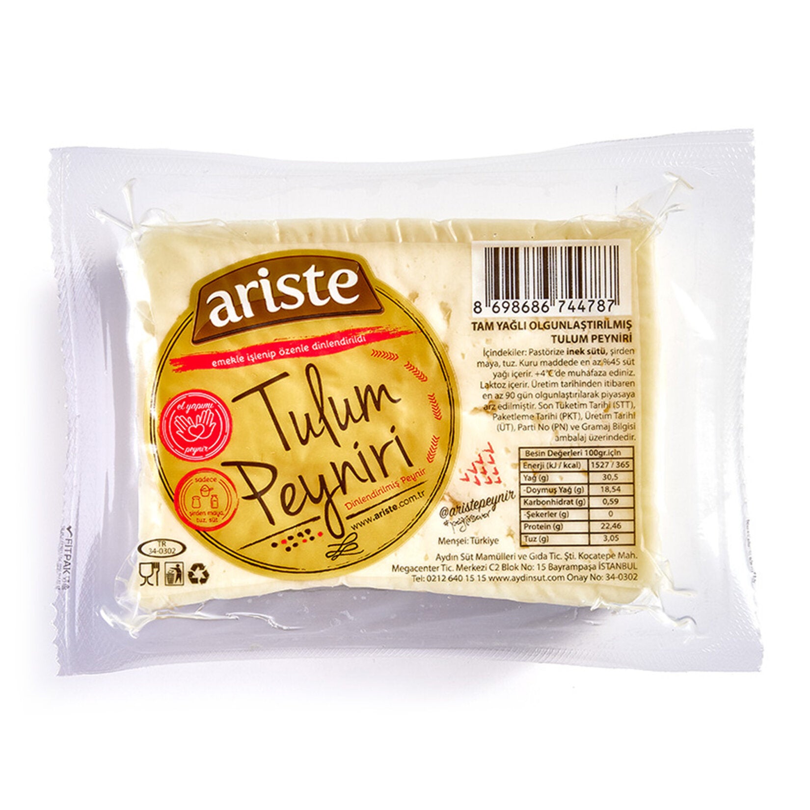 Ariste Full Fat Tulum Cheese is a traditional Turkish white cheese made from pasteurized cow’s milk, carefully matured to develop its bold, tangy, and slightly crumbly character.