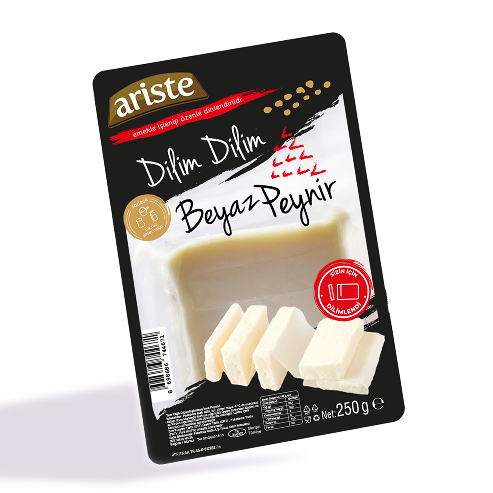 Ariste Sliced White Cheese is a classic Turkish-style white cheese made from pasteurized whole cow’s milk.
