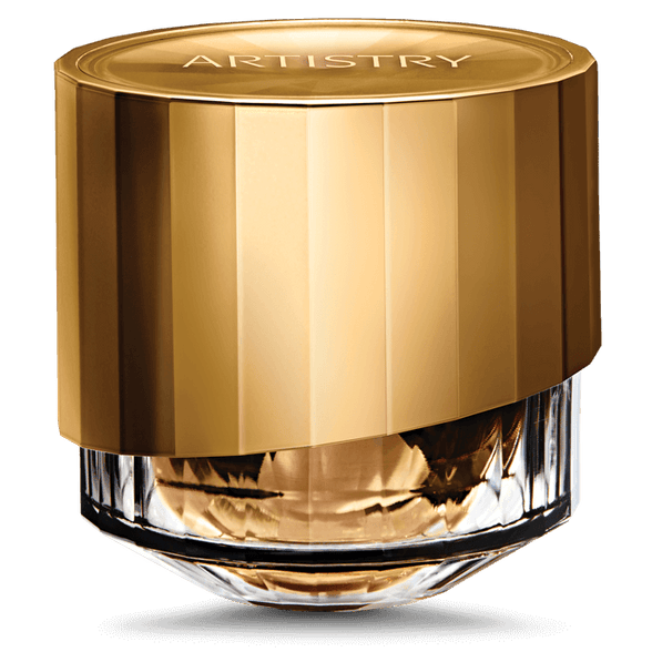 Gold and glass Supreme LX regenerating cream container with 'Artistry' branding on a black background