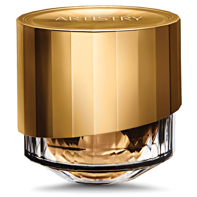 Gold and glass Supreme LX regenerating cream container with 'Artistry' branding on a black background