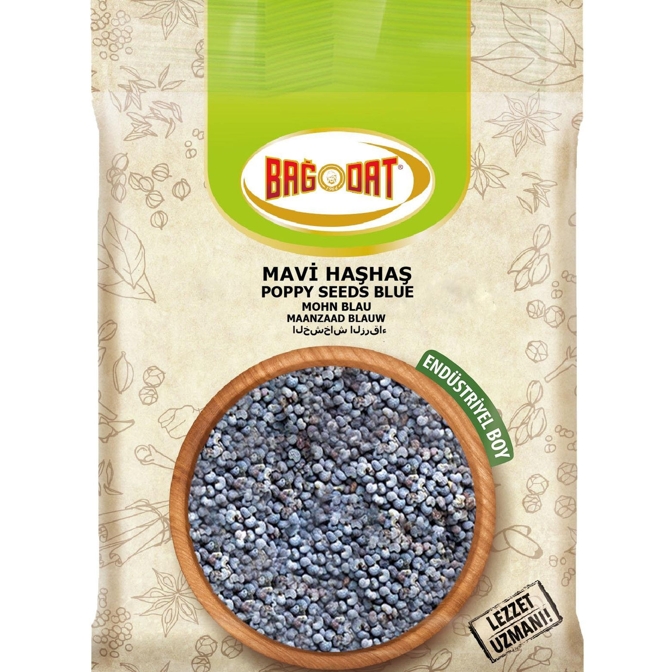 Bagdat poppy seeds HORECA size packaging with blue seeds in a wooden bowl on a beige background