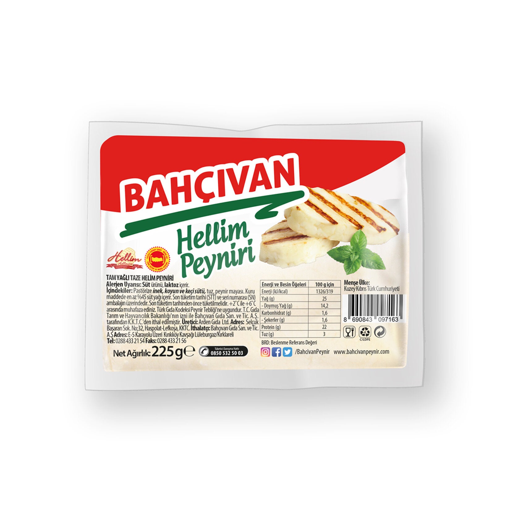 Bahçıvan Hellim Peyniri is a traditional Mediterranean-style grilling cheese made from a rich blend of pasteurized cow, sheep, and goat milk.