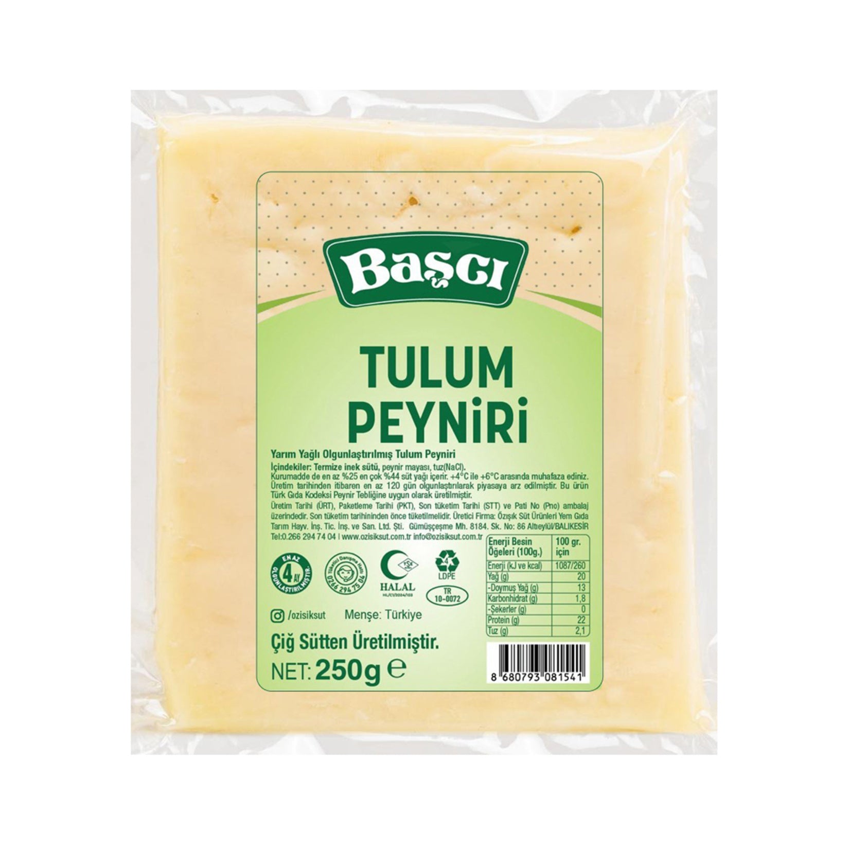 Başcı Yarım Yağlı Olgunlaştırılmış Tulum Peyniri is a traditional Turkish aged tulum cheese made from pasteurized cow’s milk and carefully matured for a rich, tangy flavor.