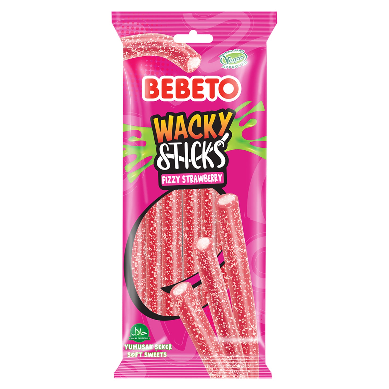Bebeto Wacky Sticks Licorice Strawberry delivers a bold strawberry flavor in every chewy bite.