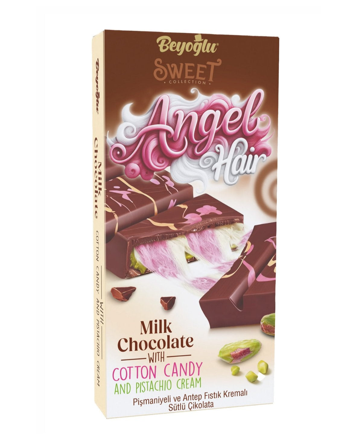 Box of Beyoglu Sweet Angel Hair chocolate with cotton candy and pistachio cream on a white background