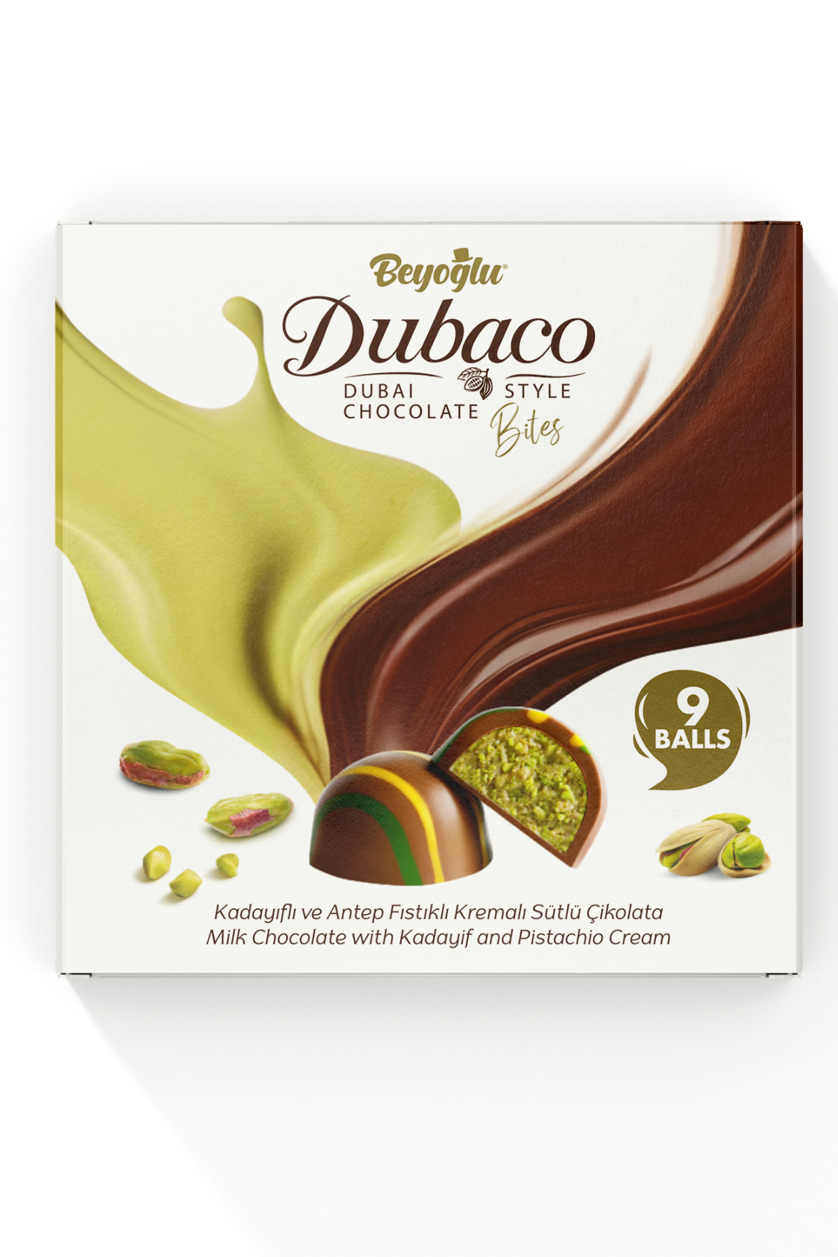 Beyoglu Dubaco Crispy Kadaif & Antep Pistachio Cream Dubai Balls bring together the rich tradition of Turkish confectionery and a modern chocolate experience.