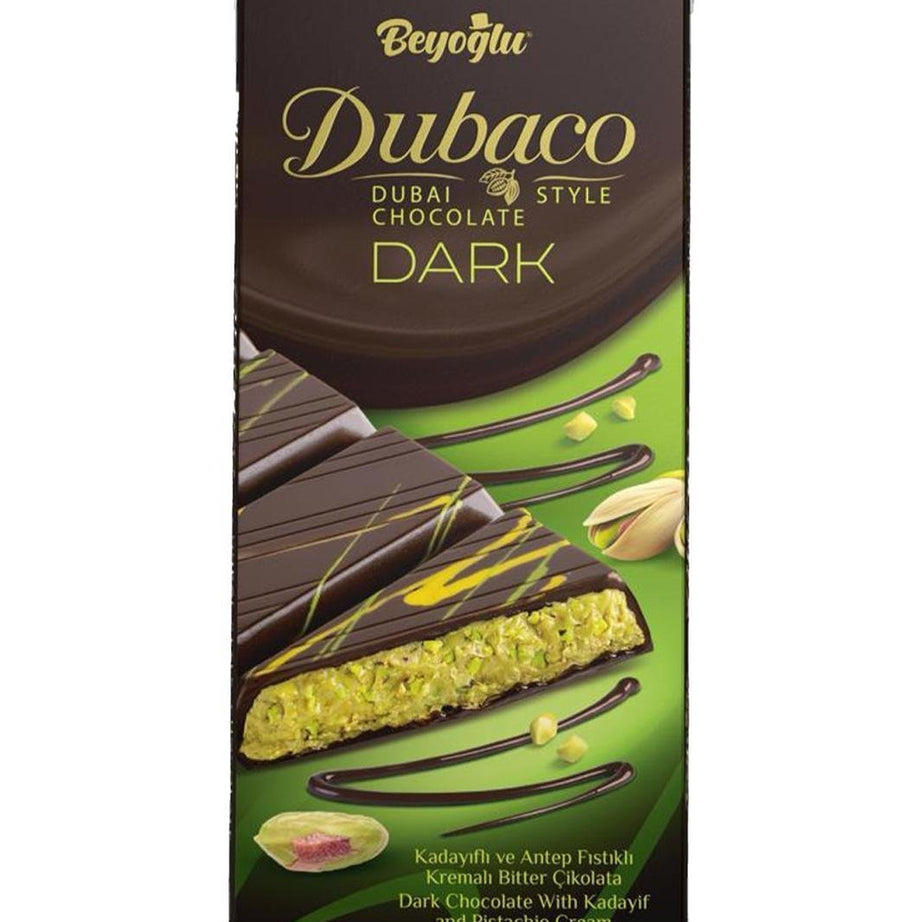 Beyoglu Dubaco dark chocolate packaging with green and brown design