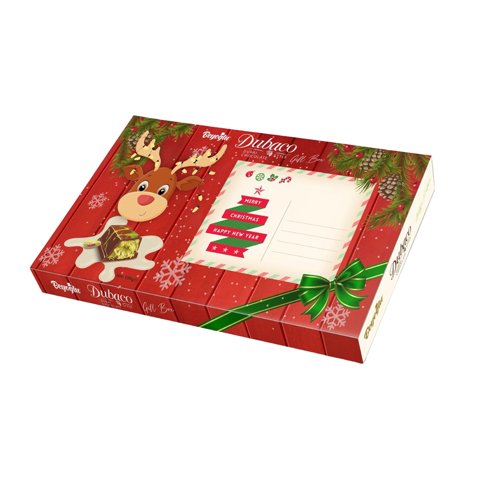 Beyoglu Dubaco Gift Box brings together the rich flavors of Türkiye in an elegant assortment of milk chocolates filled with pistachio cream and crispy kadayif.