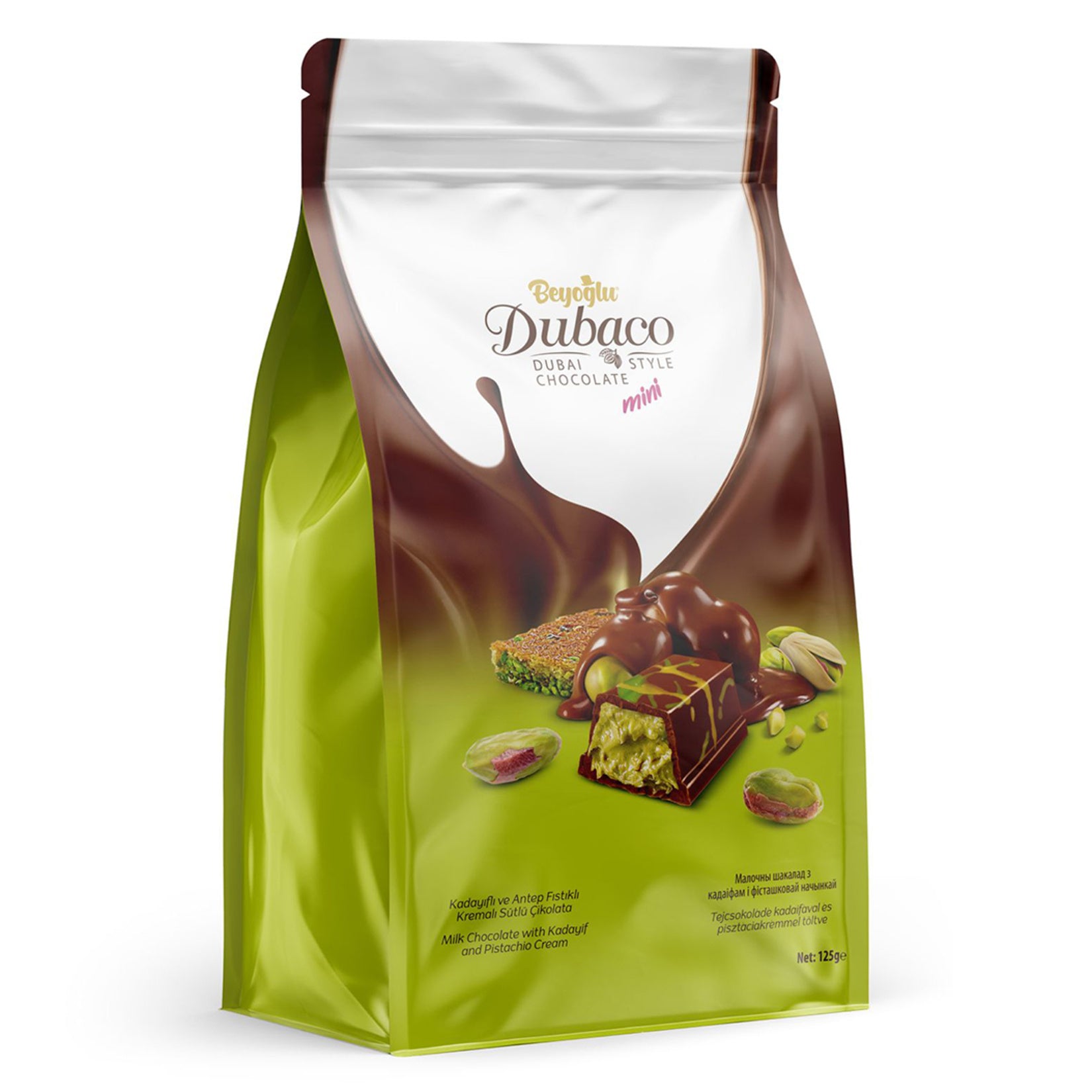 Beyoglu Dubaco Mini Kadaif Pistachio Chocolate brings together the rich tradition of Turkish confectionery and smooth milk chocolate in an elegant mini gift format.