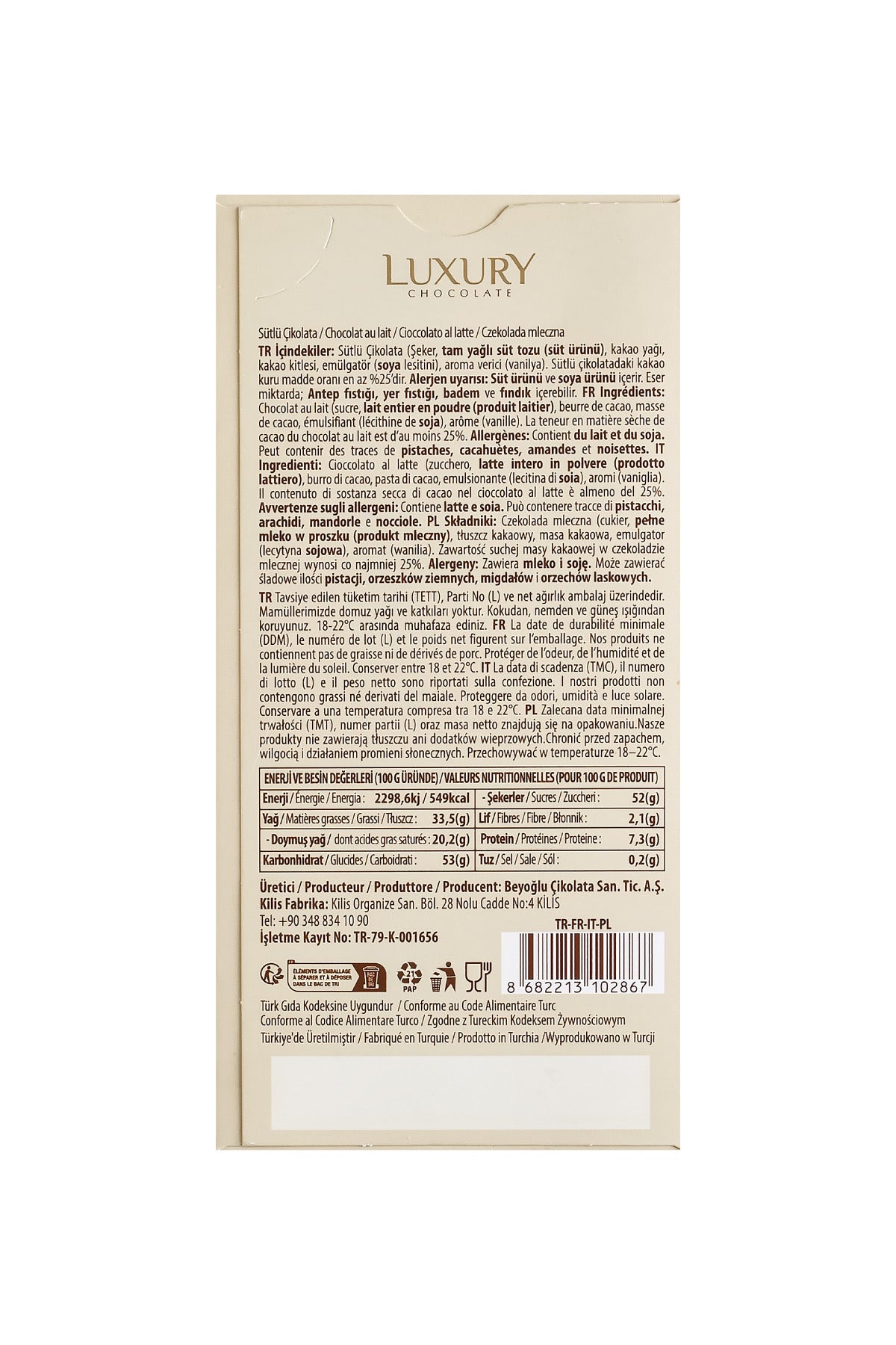 Experience the smooth taste of Beyoglu Luxury Milk Chocolate Tablet, crafted with carefully selected cocoa and creamy whole milk powder.