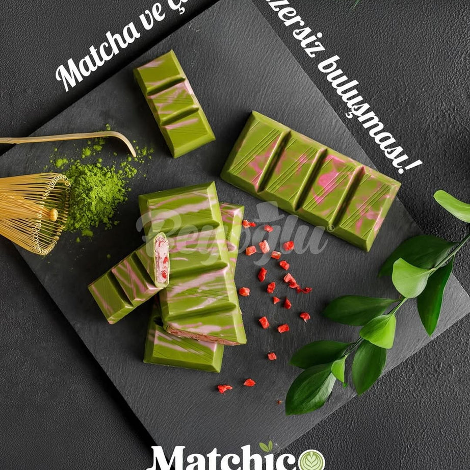 Matcha chocolate bars on a dark surface with Beyoglu Matchico branding.