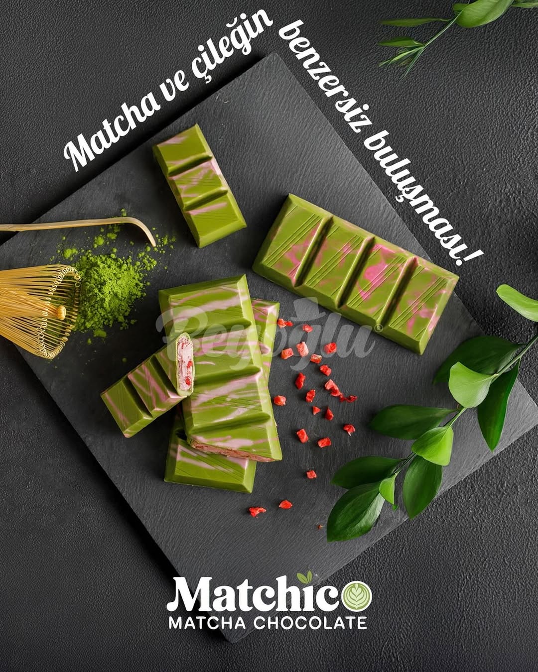 Matcha chocolate bars on a dark surface with Beyoglu Matchico branding.