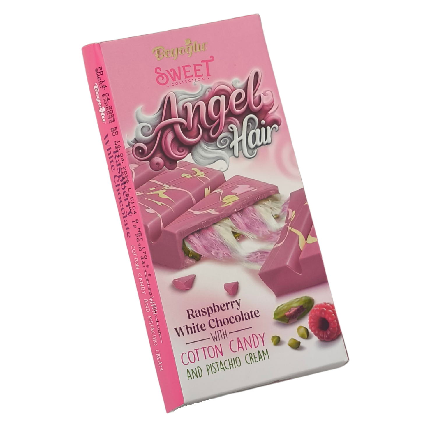 Beyoglu Angel Hair Raspberry White Chocolate with Cotton Candy and Pistachio Cream – 170 grams (6 oz) – Product packaging on a clean white background