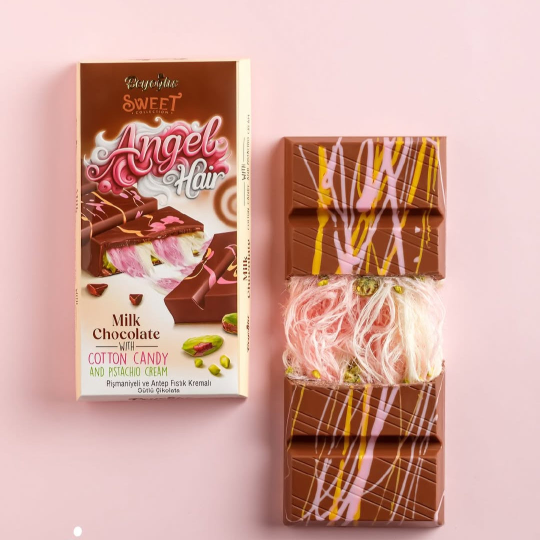Beyoglu Angel Hair Chocolate bar with Turkish cotton candy inside and packaging on a pink background