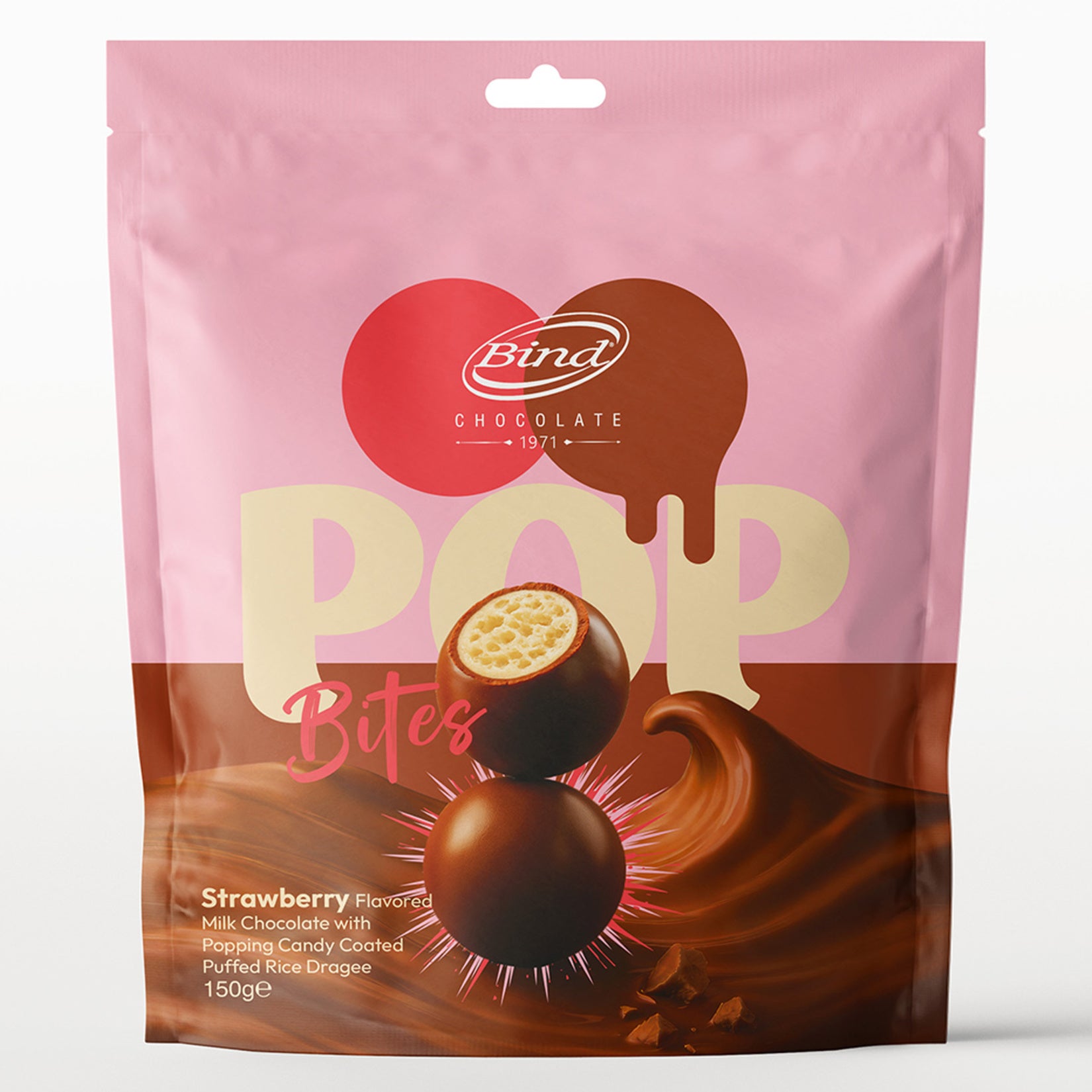 Bind Popping Candy Strawberry Flavored Rice Crispy Dragee brings together creamy milk chocolate, crunchy rice crisps, and exciting popping candy for a fun, multi-textured treat.