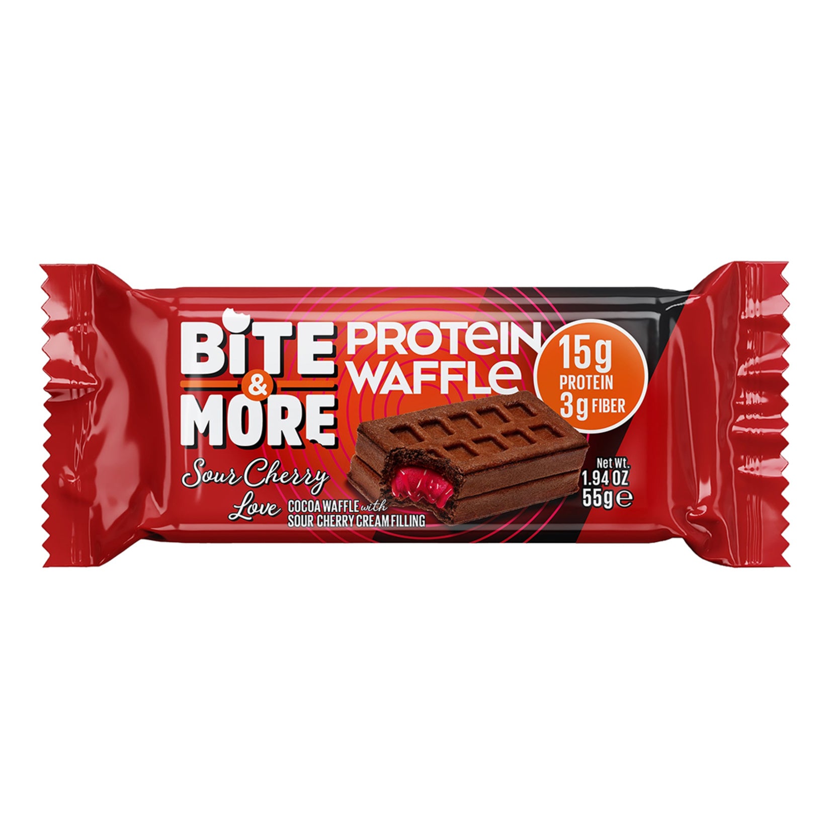 Bite & More Cherry Filled Chocolate Protein Waffle offers a delicious balance of flavor and nutrition in one compact snack.