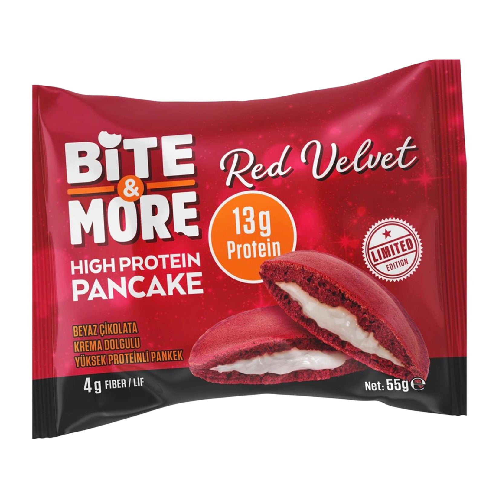 Enjoy a soft and creamy treat with Bite & More Red Velvet Pancake.