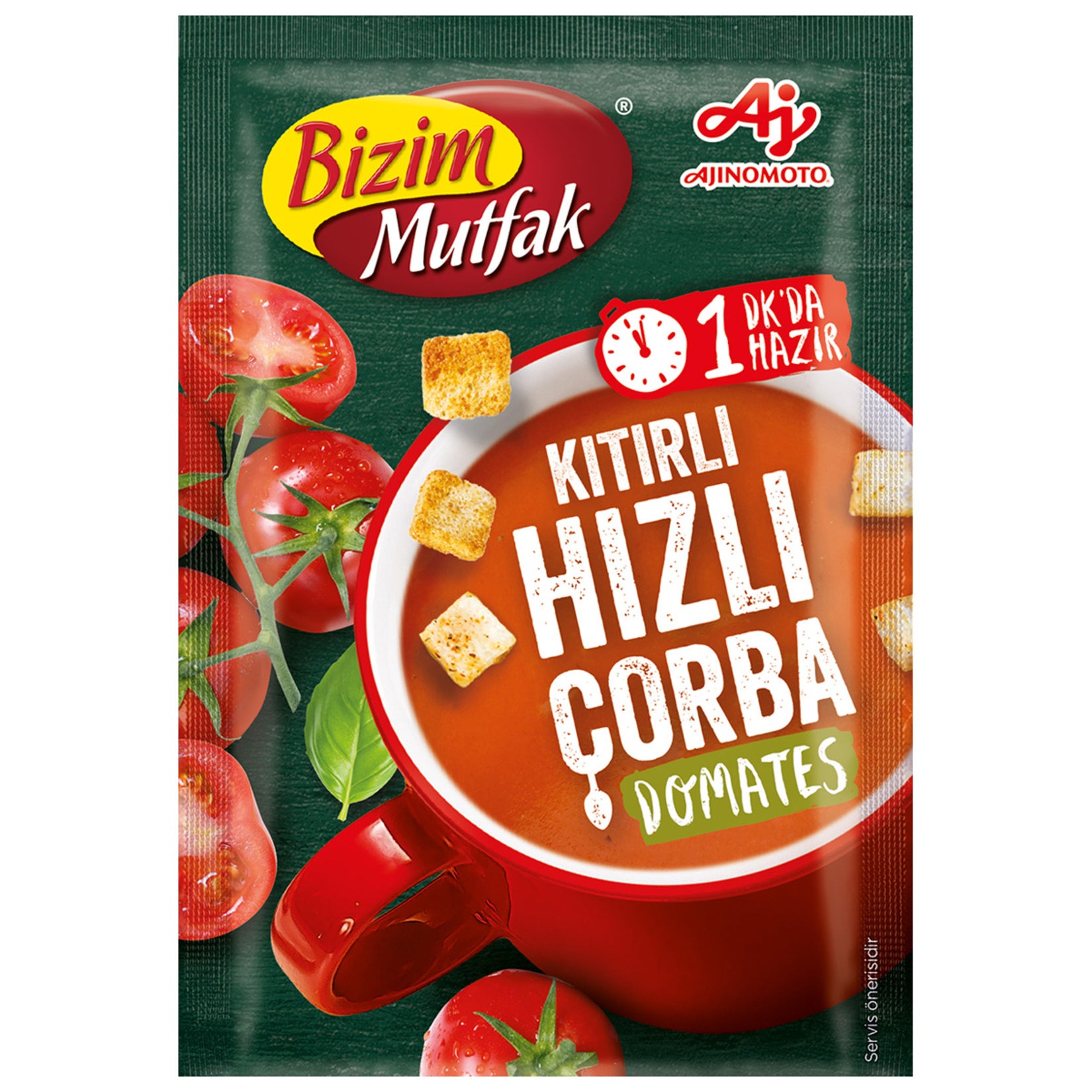 Bizim Mutfak Kitirli Hizli Corba Domates is a convenient and flavorful instant tomato soup enriched with crunchy croutons for extra texture.