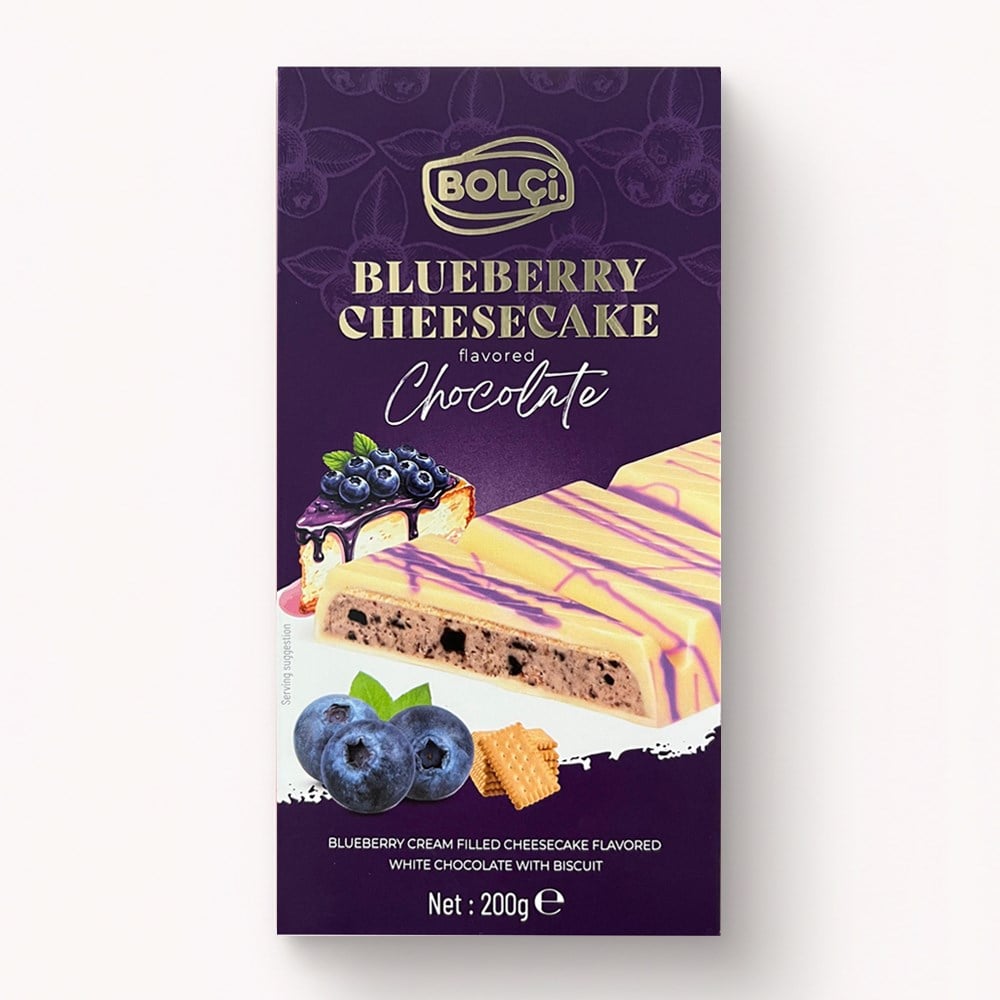 Enjoy a unique twist on dessert with Bolci Blueberry Cream Filled Cheesecake Flavored Biscuit White Chocolate.