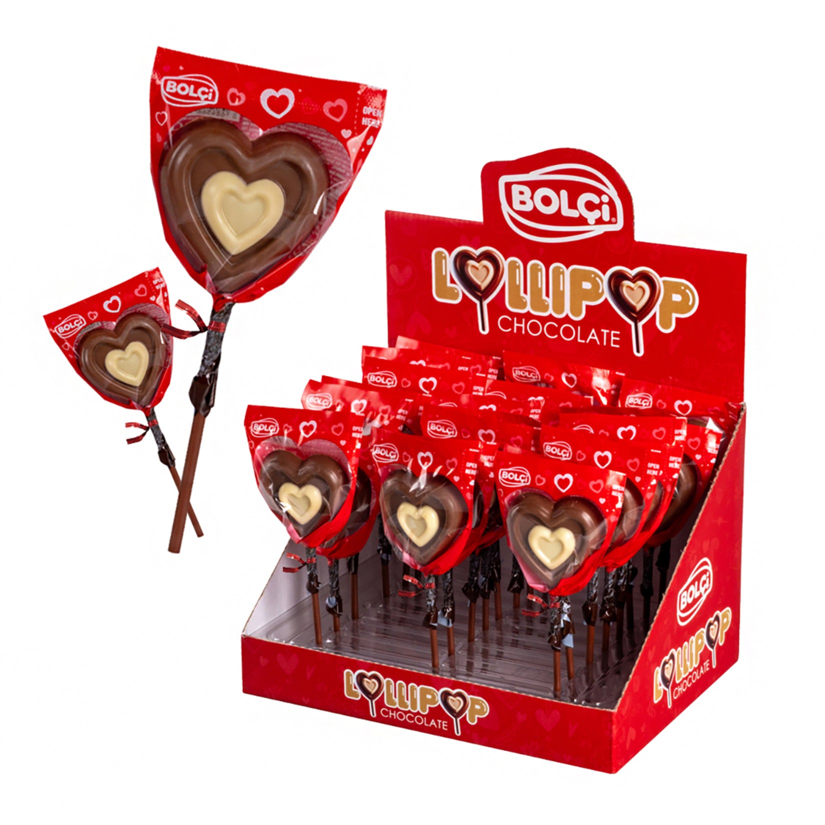 Bolci Milk Chocolate Heart Lollipop is a charming and delicious milk chocolate treat crafted in Türkiye.