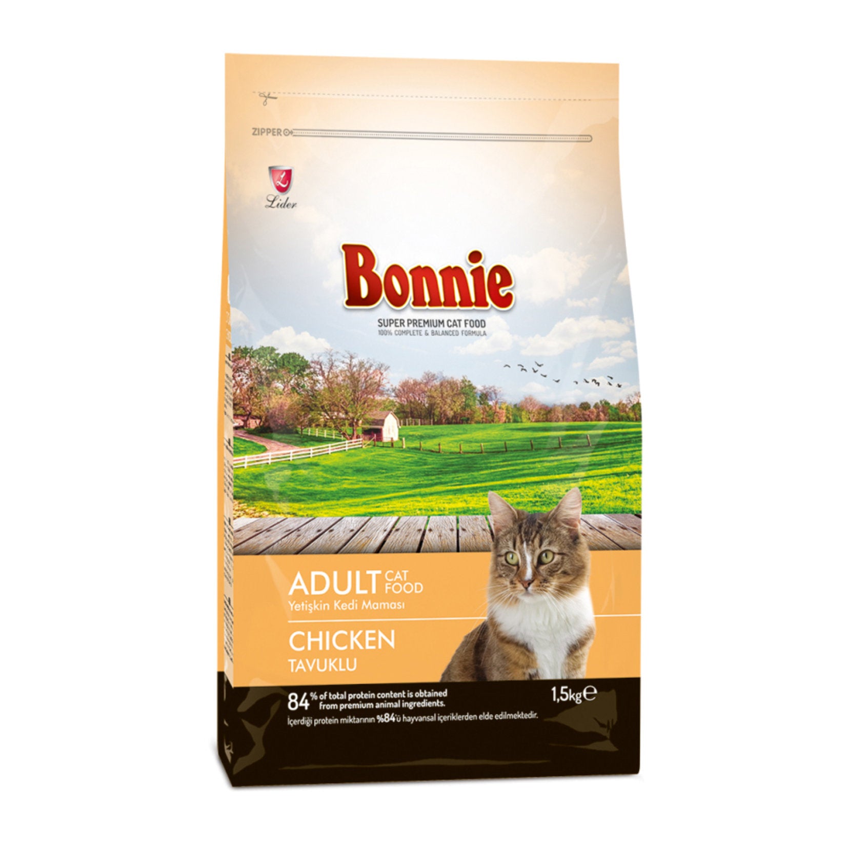 Bonnie Chicken Dry Cat Food 1.5 Kg is a complete and balanced daily nutrition option for adult cats.