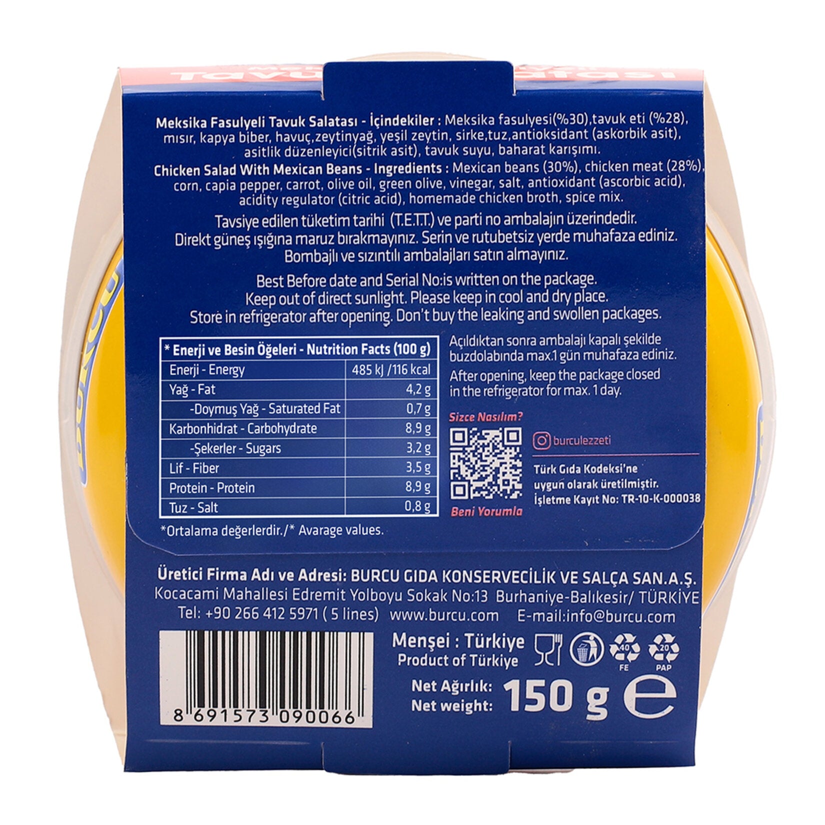 Burcu Mexican Bean Chicken Salad brings together tender chicken, colorful vegetables, and hearty Mexican beans in a ready-to-eat Mediterranean-style meal.