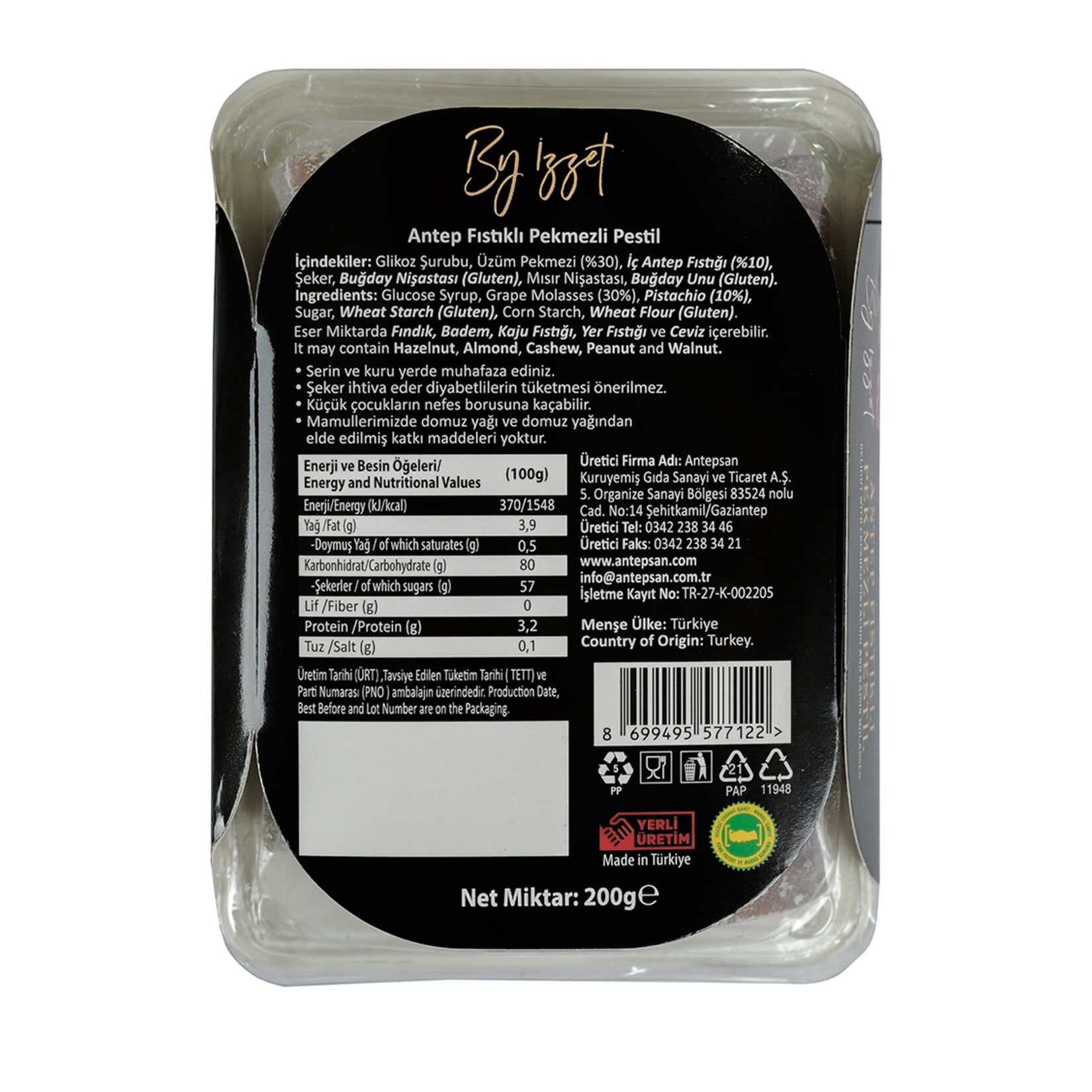 By İzzet Antep Pistachio Molasses Fruit Leather is a traditional Turkish sweet made with rich grape molasses (pekmez) and generously filled with crunchy Antep pistachios.