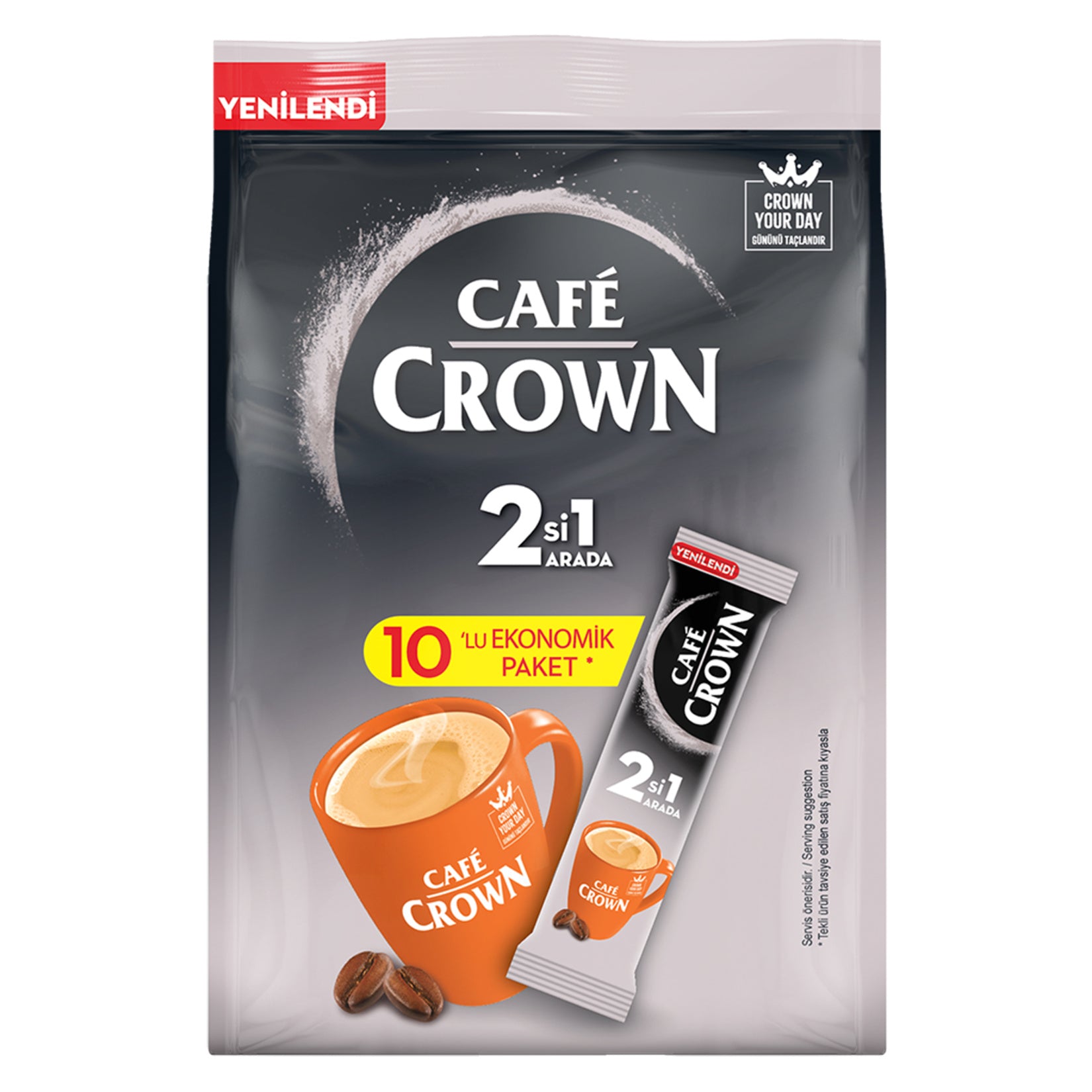 Cafe Crown 2 in 1 instant coffee package with a stick pack on a white background