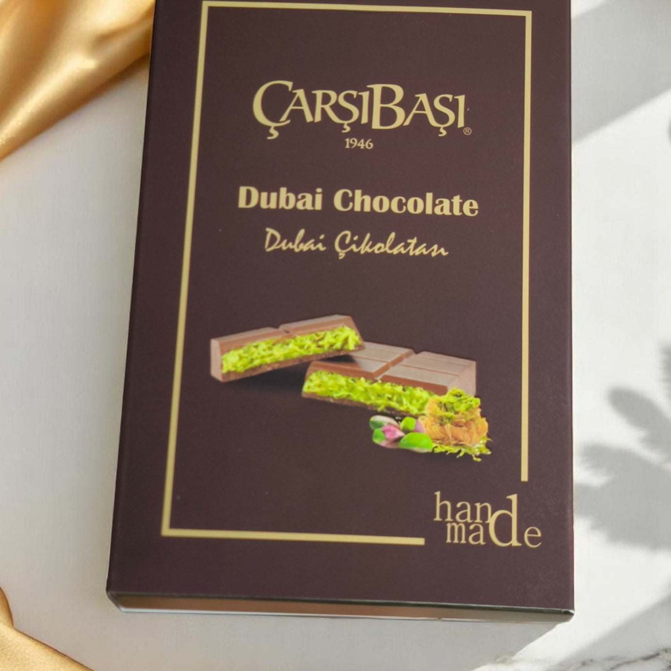 Carsibasi Handmade Dubai Chocolate 95g served in a luxurious setting