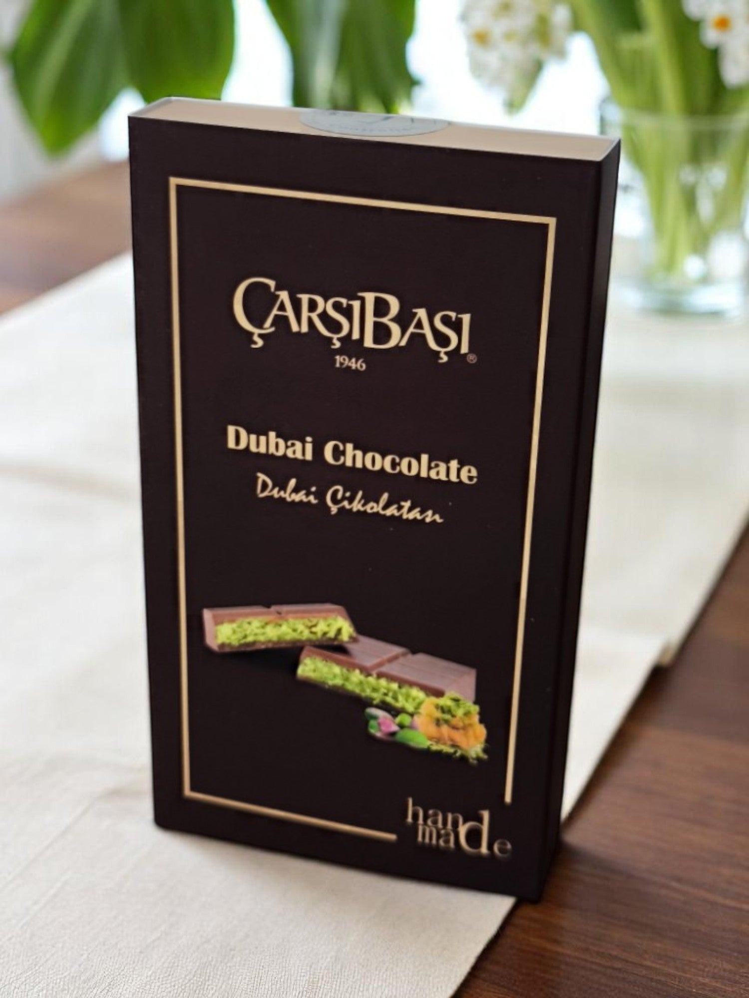 Carsibasi Handmade Dubai Chocolate 90g served with coffee in a luxurious setting
