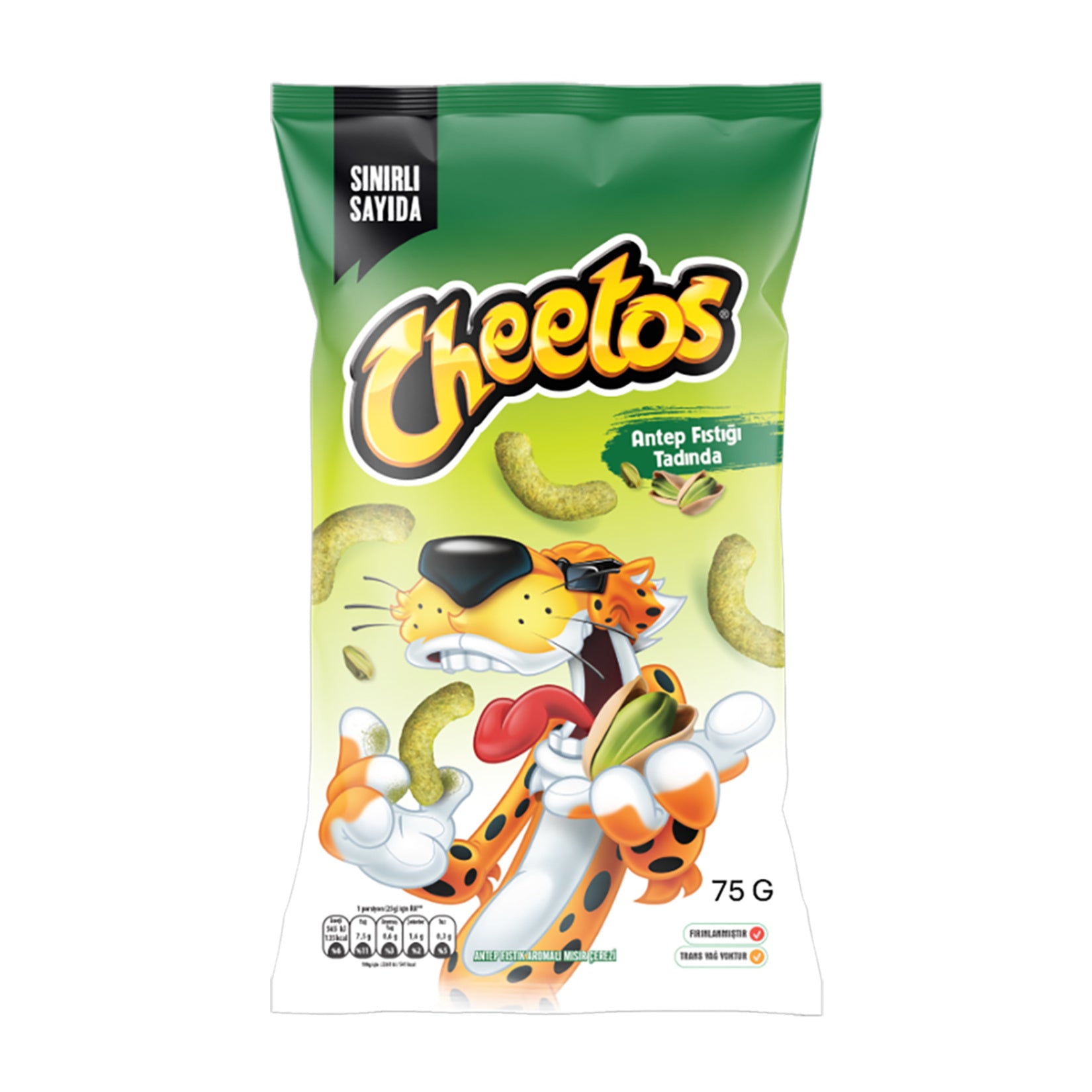 Enjoy a bold twist on a classic snack with Cheetos Oven Baked Pistachio Flavored Corn Snack.