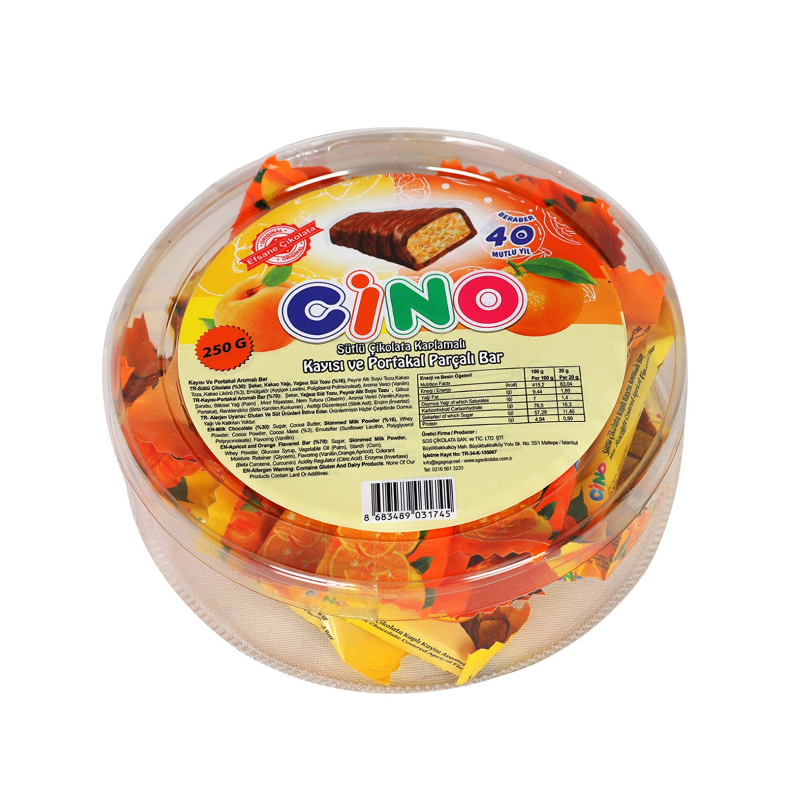 Discover the rich and fruity flavor of the Cino Milk Chocolate Coated Apricot & Orange Bar.