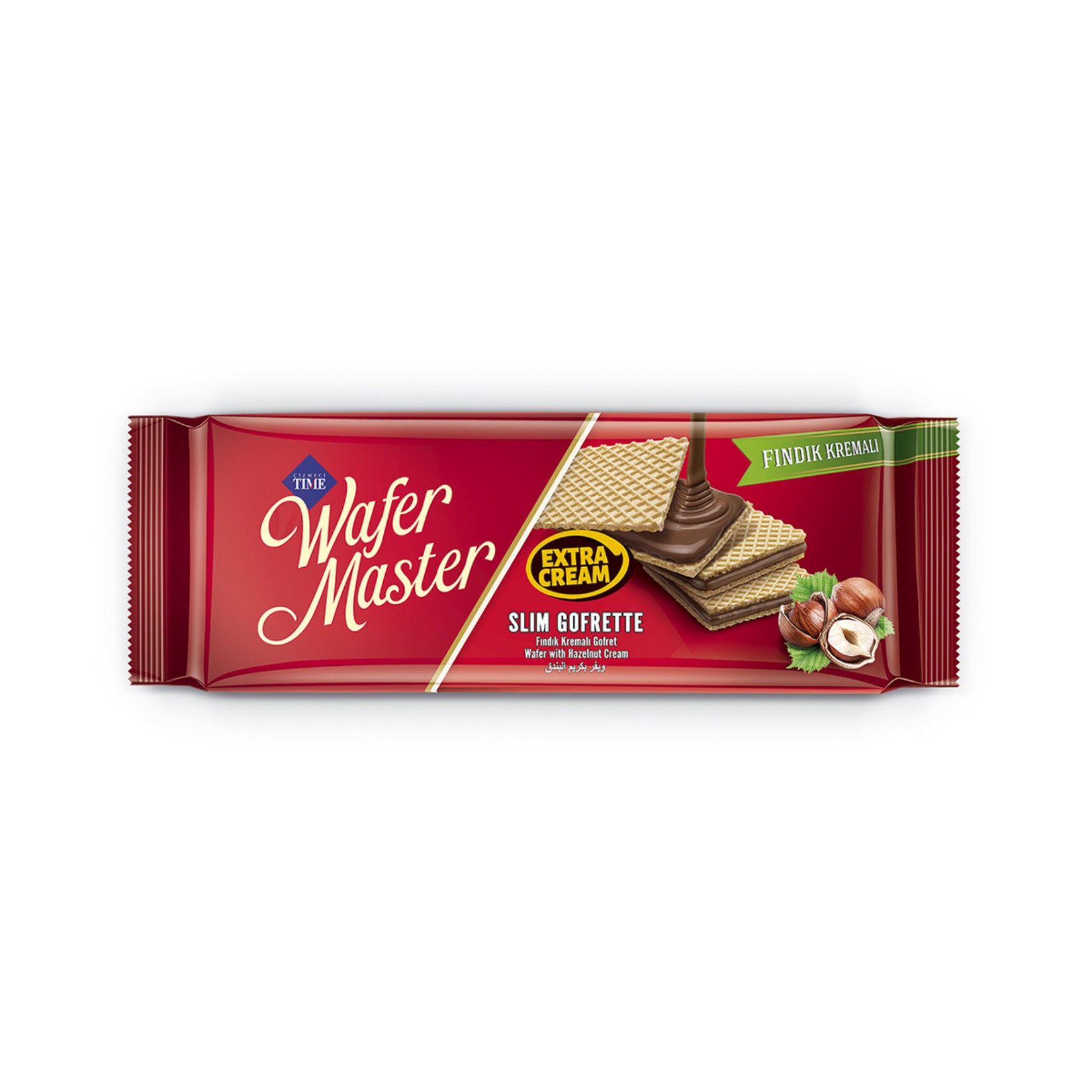 Cizmeci Time Wafer Master Slim Gofrette is a light and crispy Turkish wafer snack layered with smooth cocoa cream and enriched with hazelnut puree.
