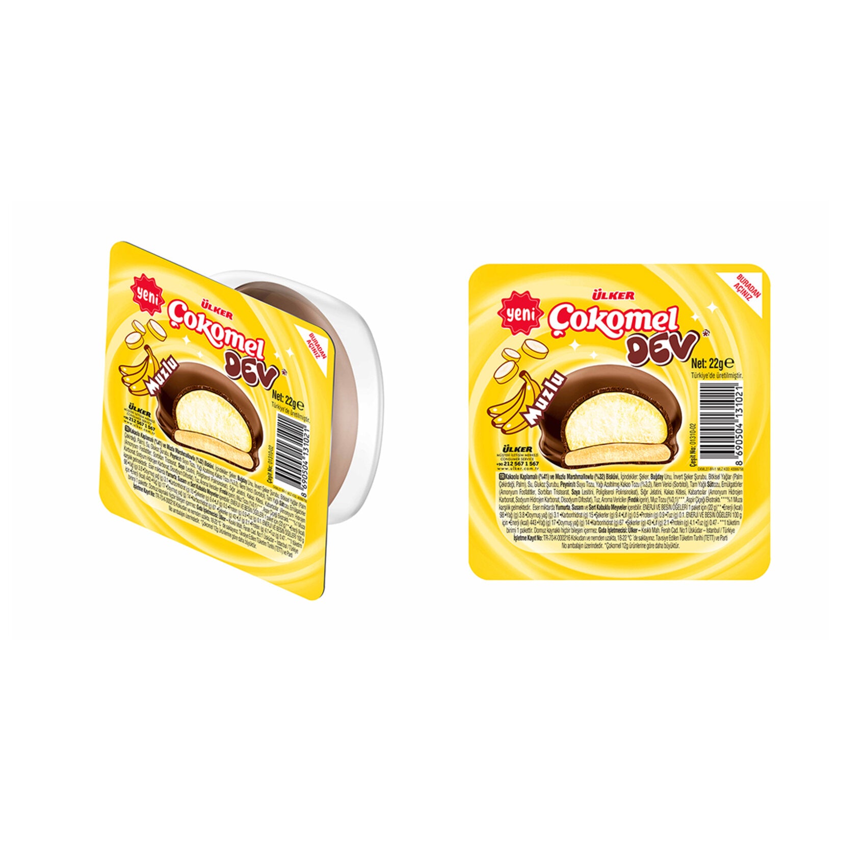 Cokomel Dev Muzlu Coated Biscuit brings together a soft marshmallow-style filling with a light banana flavor and a smooth cocoa coating in one perfectly portioned snack.