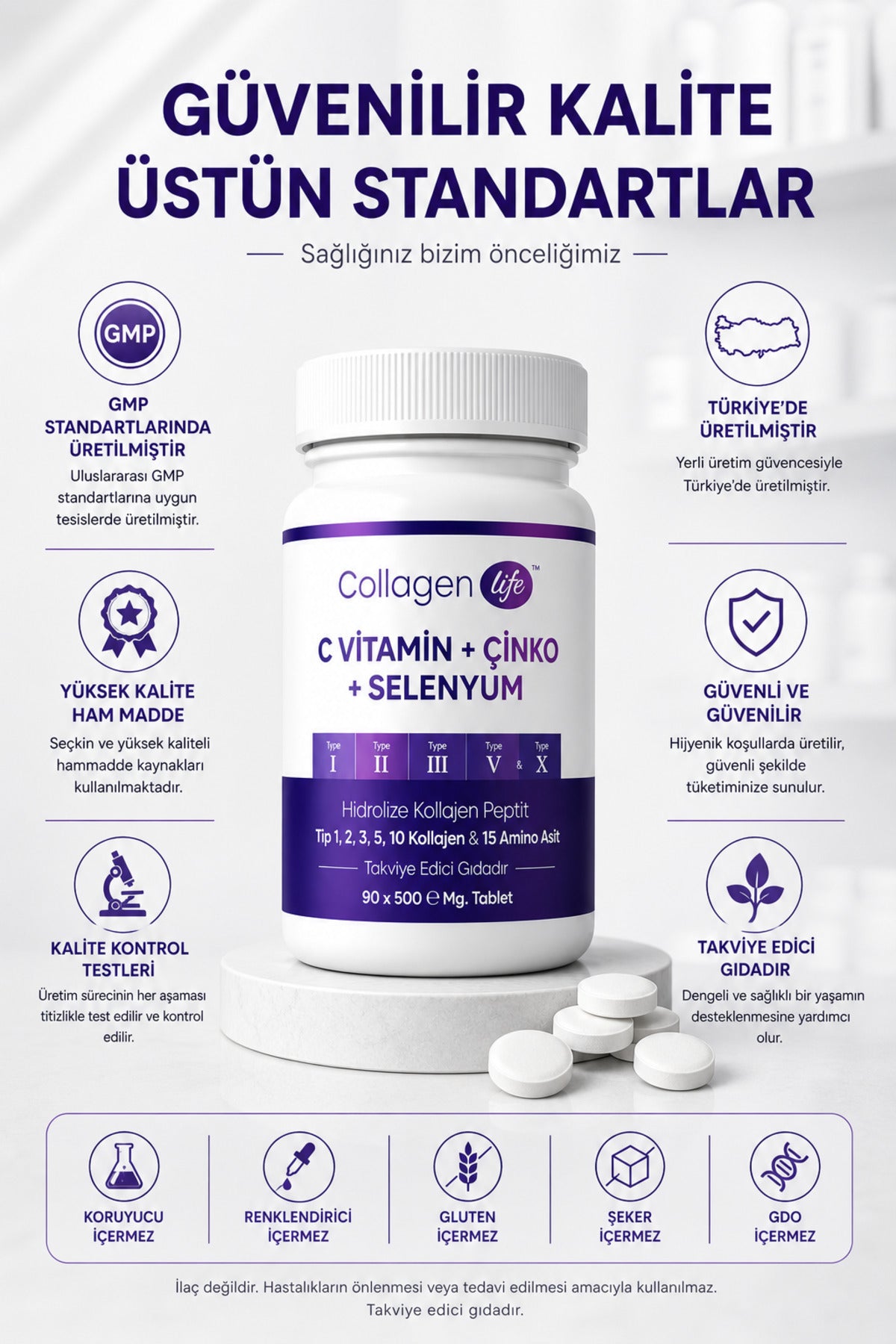 Collagen Life 5 Type Hydrolyzed Collagen is a comprehensive collagen complex formulated with Type I, II, III, V, and X Collagen, enriched with Vitamin C (Ascorbic Acid), Zinc, and Selenium.