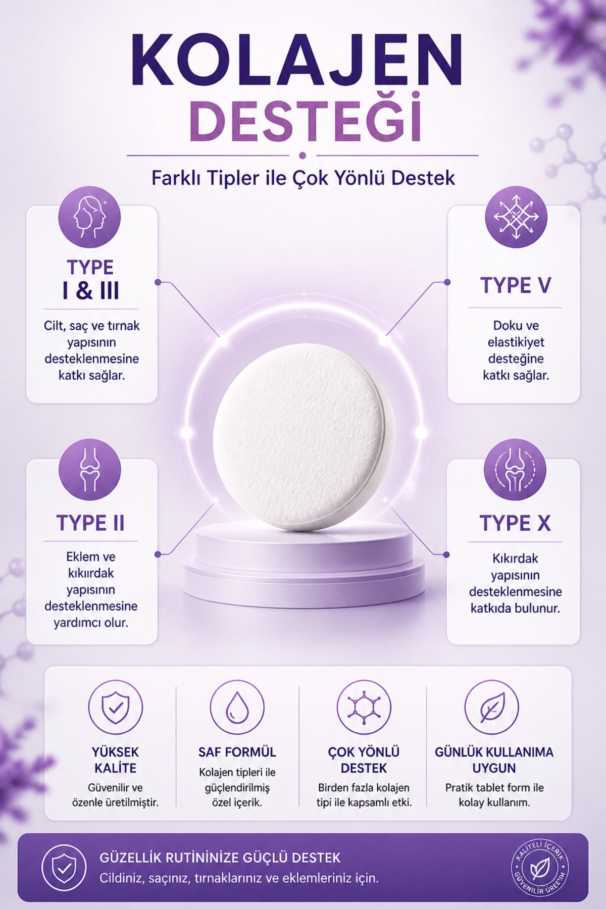 Collagen Life 5 Type Hydrolyzed Collagen is a comprehensive collagen complex formulated with Type I, II, III, V, and X Collagen, enriched with Vitamin C (Ascorbic Acid), Zinc, and Selenium.