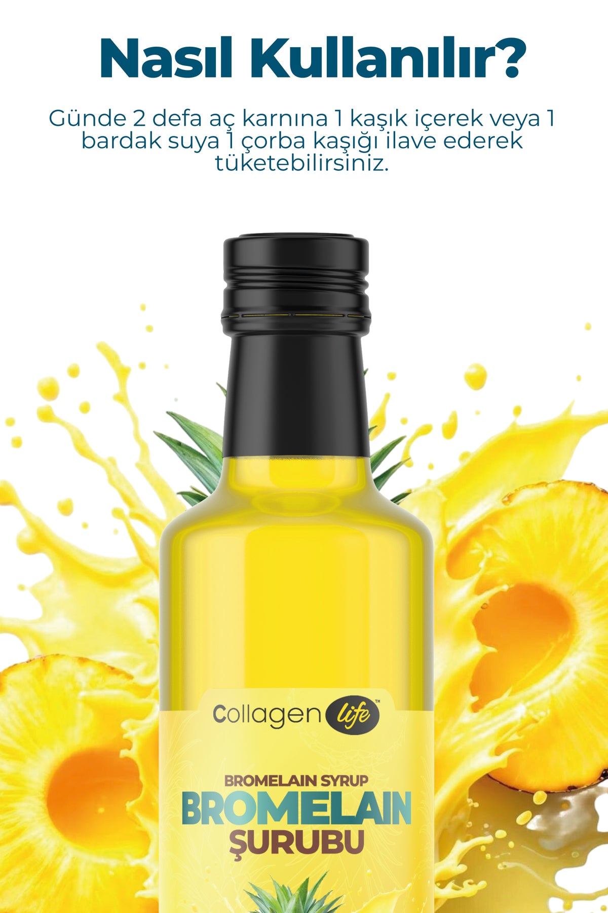 Collagen Life Bromelain Pineapple Syrup is a liquid dietary supplement formulated with Bromelain (from pineapple extract), enriched with Mate Leaf Extract and natural pineapple flavor.