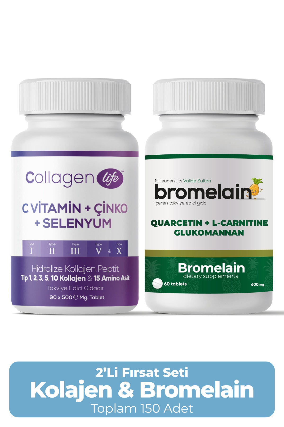Collagen Life Hydrolyzed Collagen Peptide Tablets Professional Support Set combines two tablet products: 5 Type Hydrolyzed Collagen Peptides (90 Tablets) and Bromelain Complex (60 Tablets).
