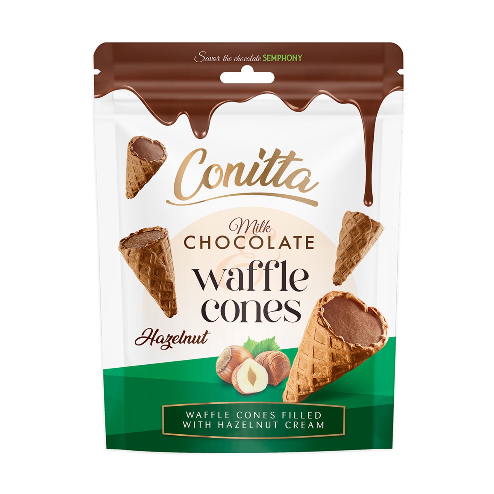 Conitta Hazelnut Milk Wafer combines the rich taste of milk chocolate with a smooth hazelnut cream filling, all layered between crispy wafers.